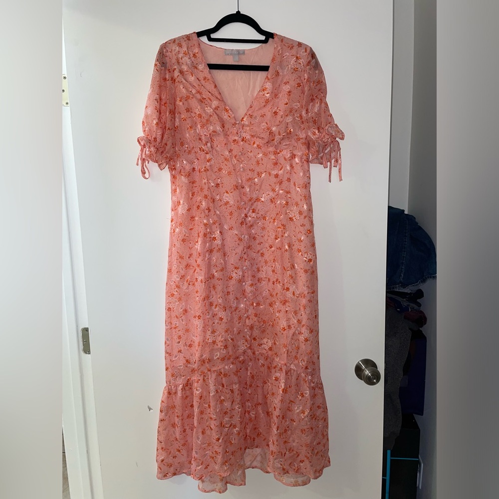 Chelsea 28 Prairie Coral Floral Tie Sleeve Ruffle Hem Midi Dress Size L(12/14)⭐️ - Picture 7 of 15